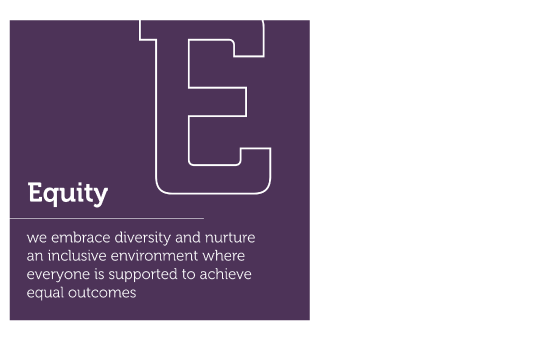 Our value, equity; we embrace diversity and nurture an inclusive environment where everyone is supported to achieve equal outcomes.