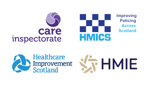 Combined logos of Care Inspectorate, HMICS, Healthcare Improvement Scotland and HMIE.